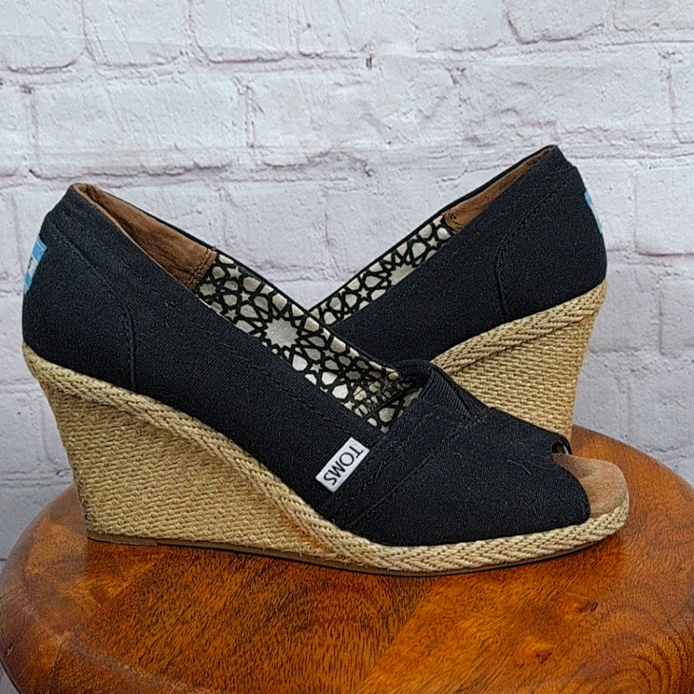 Toms Black Canvas Wedges